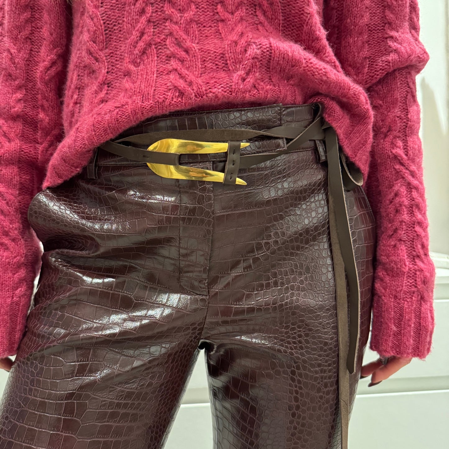 Fork leather belt gold